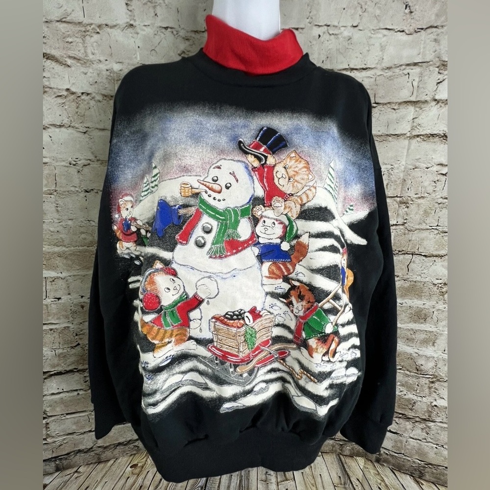 Vtg Christmas Turtle Mock Neck Sweatshirt Women’s L Black Snowman Graphics
